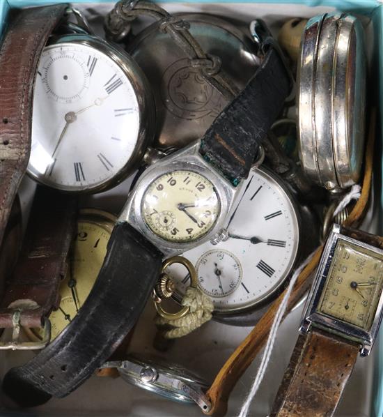 Six pocket watches including three silver and four wrist watches including Anker rectangular dial.